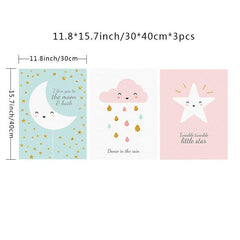 3pcs Cartoon Cloud Star Moon Canvas Print Wall Art for Living Room
