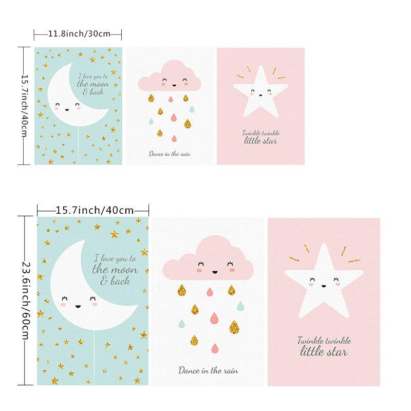 3pcs Cartoon Cloud Star Moon Canvas Print Wall Art for Living Room