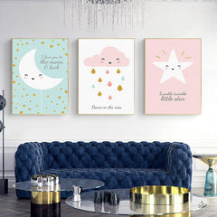 3pcs Cartoon Cloud Star Moon Canvas Print Wall Art for Living Room