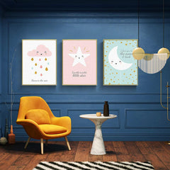 3pcs Cartoon Cloud Star Moon Canvas Print Wall Art for Living Room