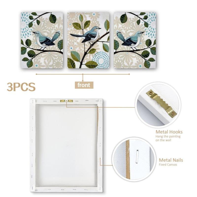 Abstract Floral Bird on Branches Canvas Paintings - Set of 3