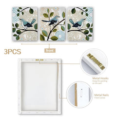 Abstract Floral Bird on Branches Canvas Paintings - Set of 3