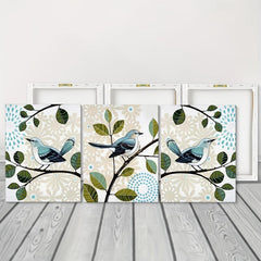 Abstract Floral Bird on Branches Canvas Paintings - Set of 3