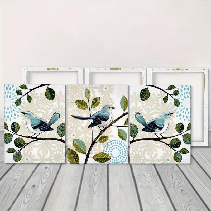 Abstract Floral Bird on Branches Canvas Paintings - Set of 3