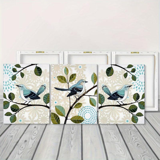 Abstract Floral Bird on Branches Canvas Paintings - Set of 3