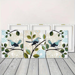 Abstract Floral Bird on Branches Canvas Paintings - Set of 3