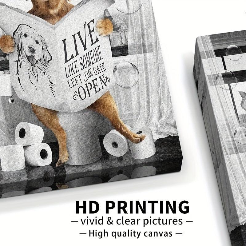 Fun Dog Reading Newspaper Canvas Print for Bathroom Wall Decor