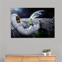 Astronaut Relaxing on Space Moon Drinking Beer Canvas Painting