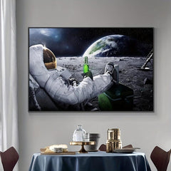 Astronaut Relaxing on Space Moon Drinking Beer Canvas Painting
