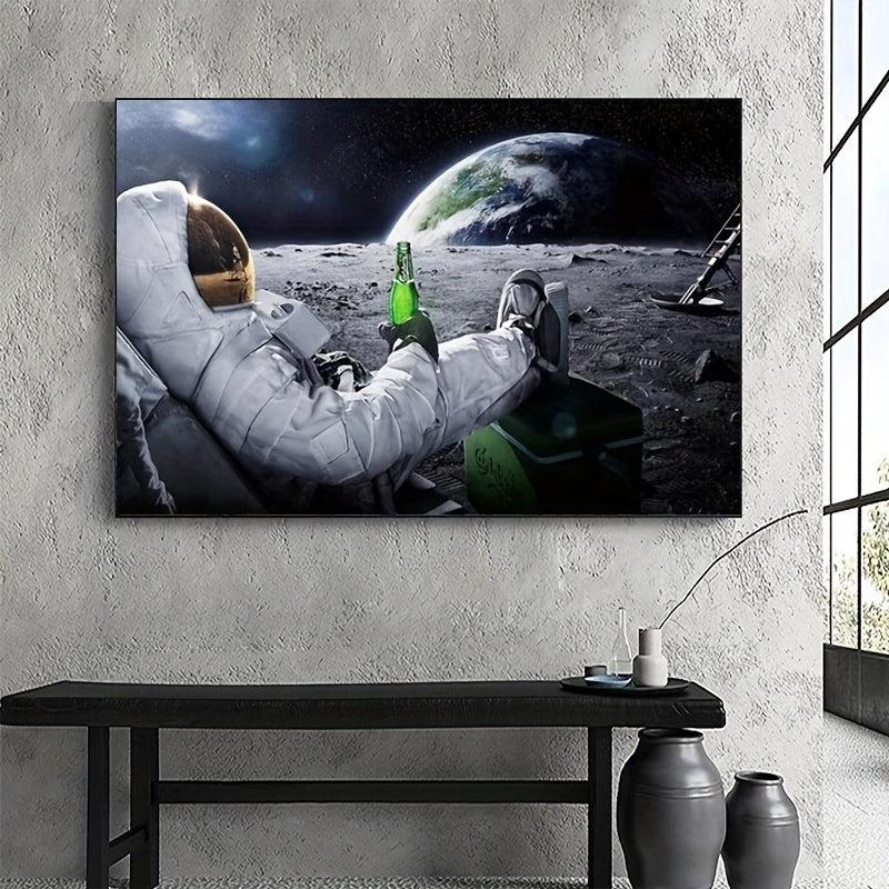 Astronaut Relaxing on Space Moon Drinking Beer Canvas Painting