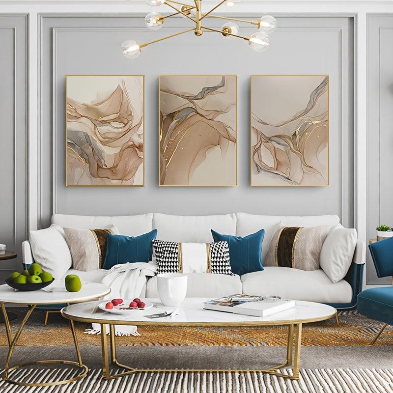 Abstract Brown Beige Golden Poster Fluid Art Texture Painting Canvas