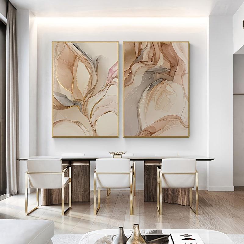 Abstract Brown Beige Golden Poster Fluid Art Texture Painting Canvas