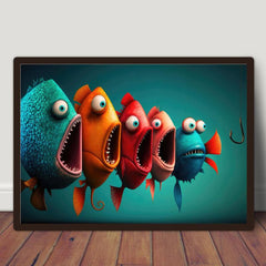 Cartoon Fish Painting On Canvas Wall Art Funny Animal Poster Artwork
