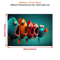 Cartoon Fish Painting On Canvas Wall Art Funny Animal Poster Artwork