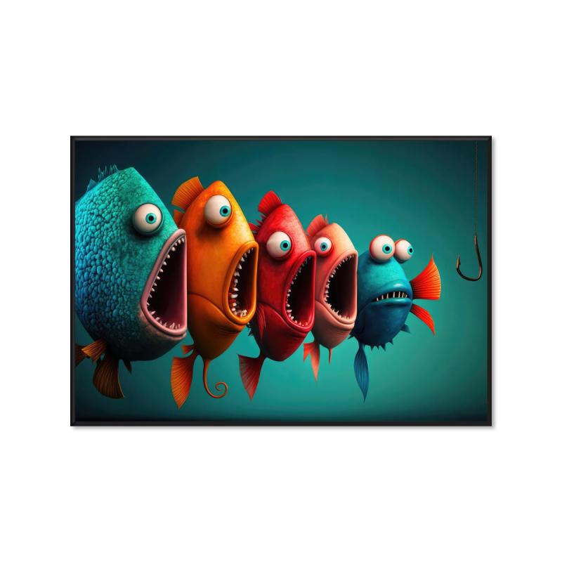 Cartoon Fish Painting On Canvas Wall Art Funny Animal Poster Artwork