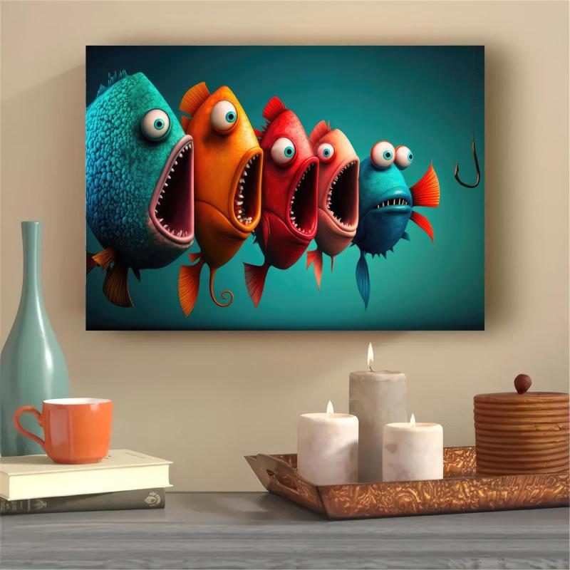 Cartoon Fish Painting On Canvas Wall Art Funny Animal Poster Artwork