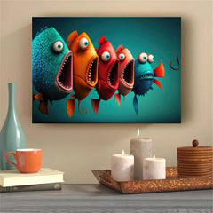 Cartoon Fish Painting On Canvas Wall Art Funny Animal Poster Artwork