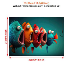 Cartoon Fish Painting On Canvas Wall Art Funny Animal Poster Artwork