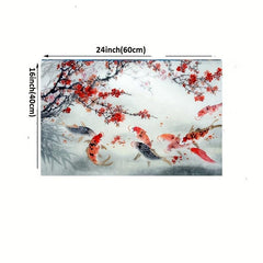 Red Apricot Blossom Carp Playing In Water Painting On Canvas Wall Art