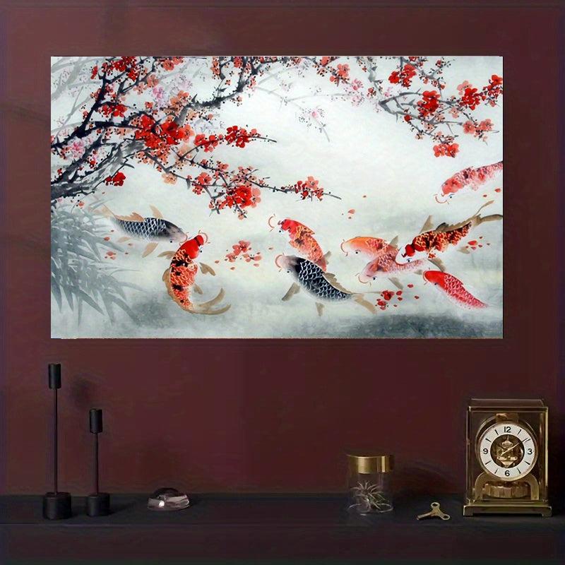 Red Apricot Blossom Carp Playing In Water Painting On Canvas Wall Art