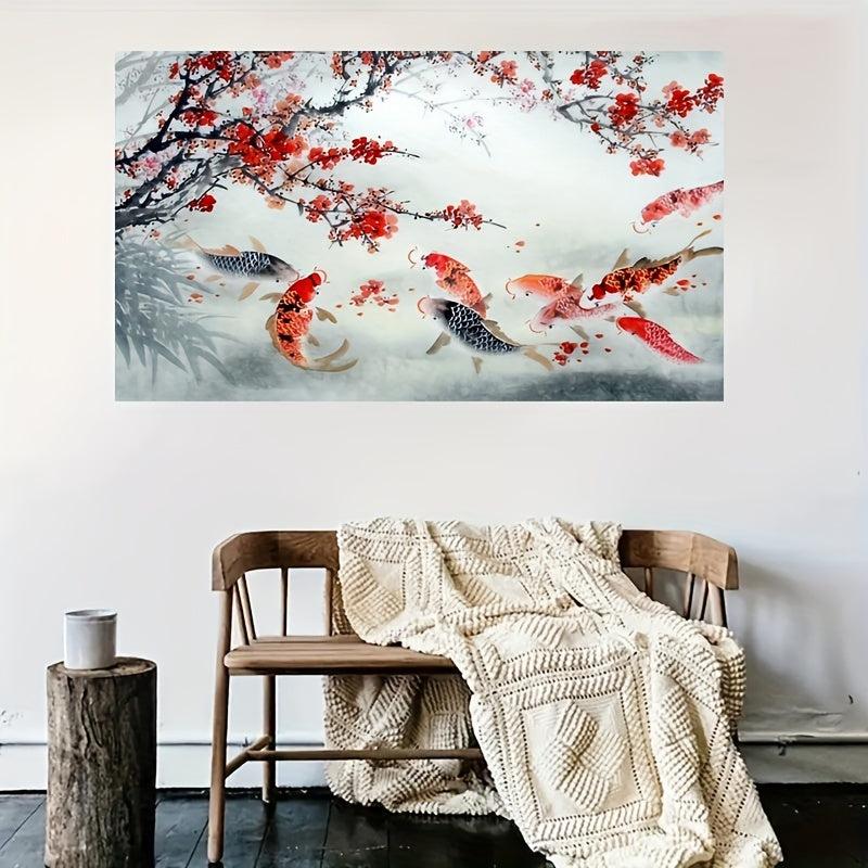 Red Apricot Blossom Carp Playing In Water Painting On Canvas Wall Art