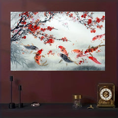 Red Apricot Blossom Carp Playing In Water Painting On Canvas Wall Art