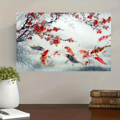 Red Apricot Blossom Carp Playing In Water Painting On Canvas Wall Art