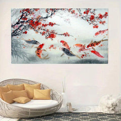 Red Apricot Blossom Carp Playing In Water Painting On Canvas Wall Art
