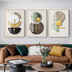3pcs Golden Green Abstract Geometric Art Print Set