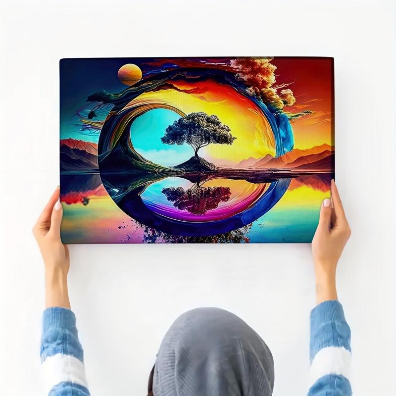 Colorful Abstract Tree Reflection Painting, Home Office Wall Decor