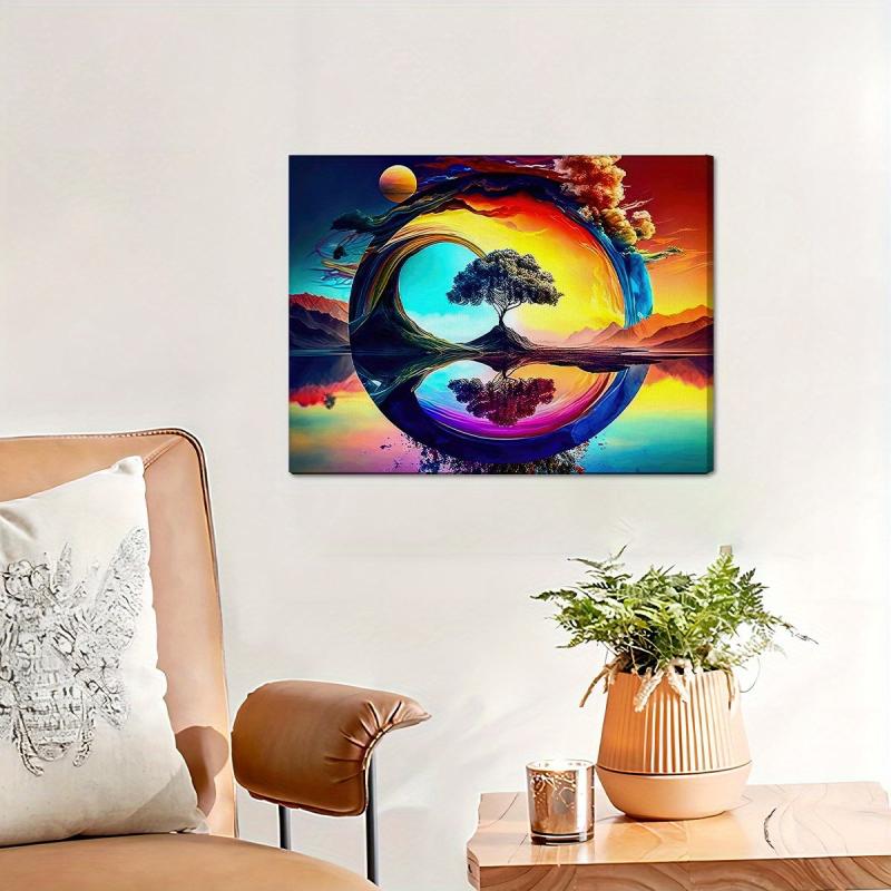 Colorful Abstract Tree Reflection Painting, Home Office Wall Decor