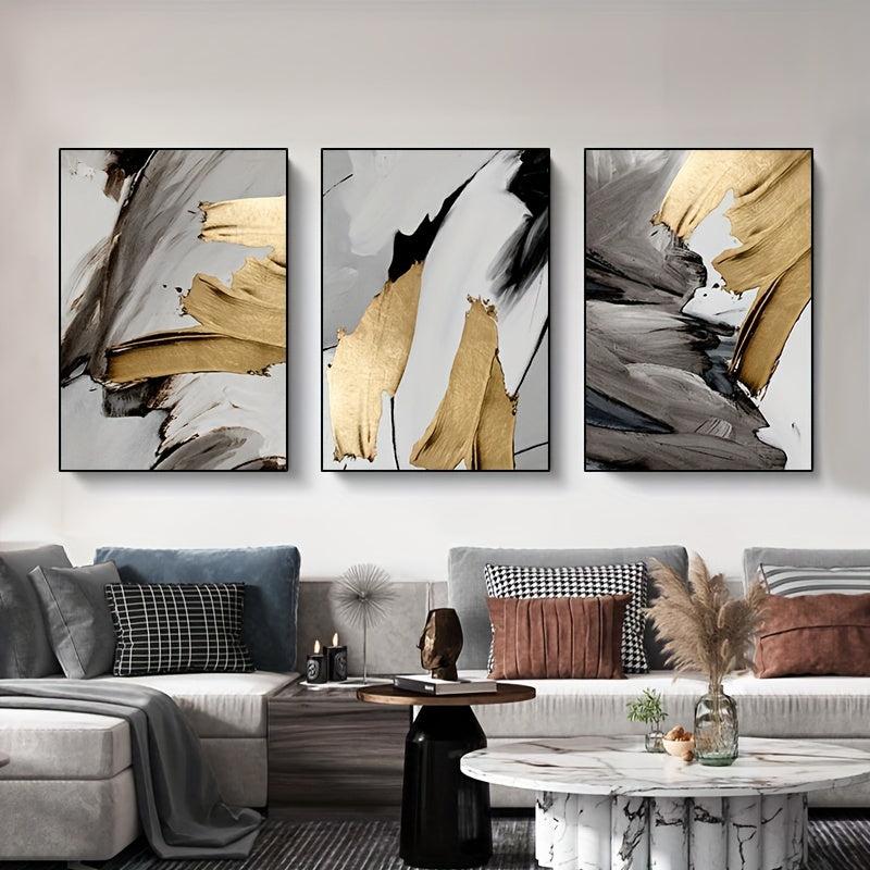 3pcs Abstract Canvas Paintings Golden Brushstrokes Wall Art