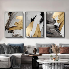 3pcs Abstract Canvas Paintings Golden Brushstrokes Wall Art
