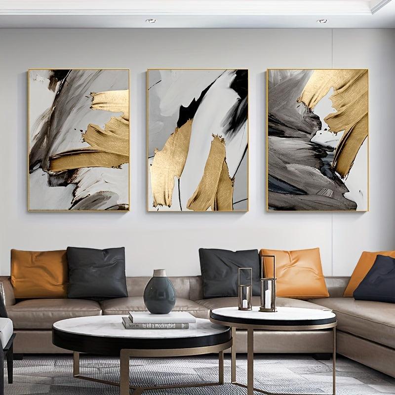 3pcs Abstract Canvas Paintings Golden Brushstrokes Wall Art