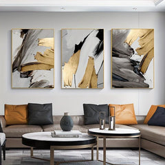 3pcs Abstract Canvas Paintings Golden Brushstrokes Wall Art
