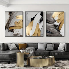 3pcs Abstract Canvas Paintings Golden Brushstrokes Wall Art