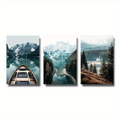 Nordic Nature Landscape Painting Forest Lake Boat Art Canvas Print Wall Picture