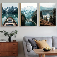 Nordic Nature Landscape Painting Forest Lake Boat Art Canvas Print Wall Picture