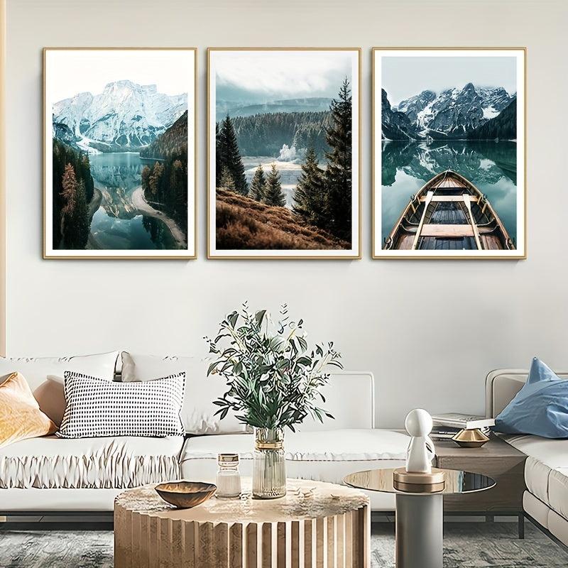 Nordic Nature Landscape Painting Forest Lake Boat Art Canvas Print Wall Picture