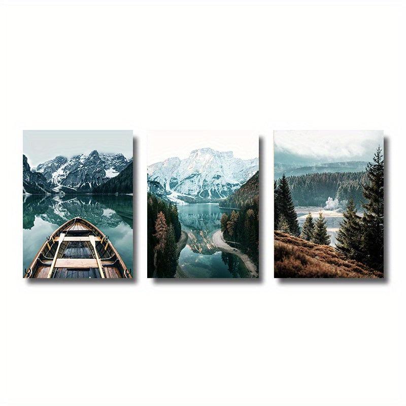 Nordic Nature Landscape Painting Forest Lake Boat Art Canvas Print Wall Picture