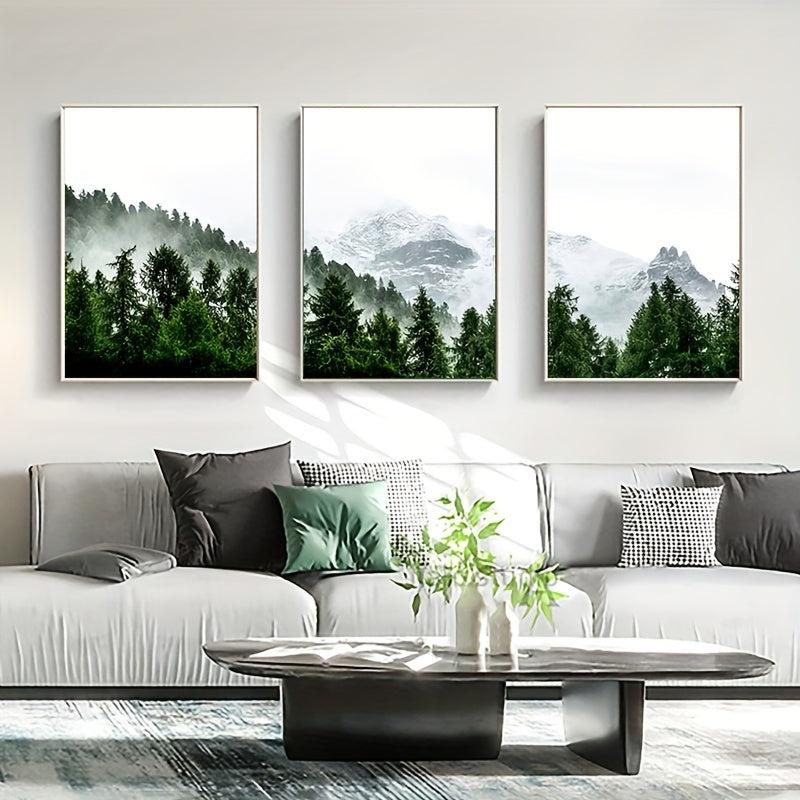 3pcs Canvas Poster Green Forest Posters Snow Mountain Natural Scenery