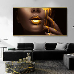 Frameless Women Face With Golden Liquid Canvas Paintings On Wall