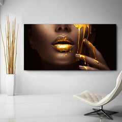 Frameless Women Face With Golden Liquid Canvas Paintings On Wall