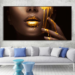 Frameless Women Face With Golden Liquid Canvas Paintings On Wall