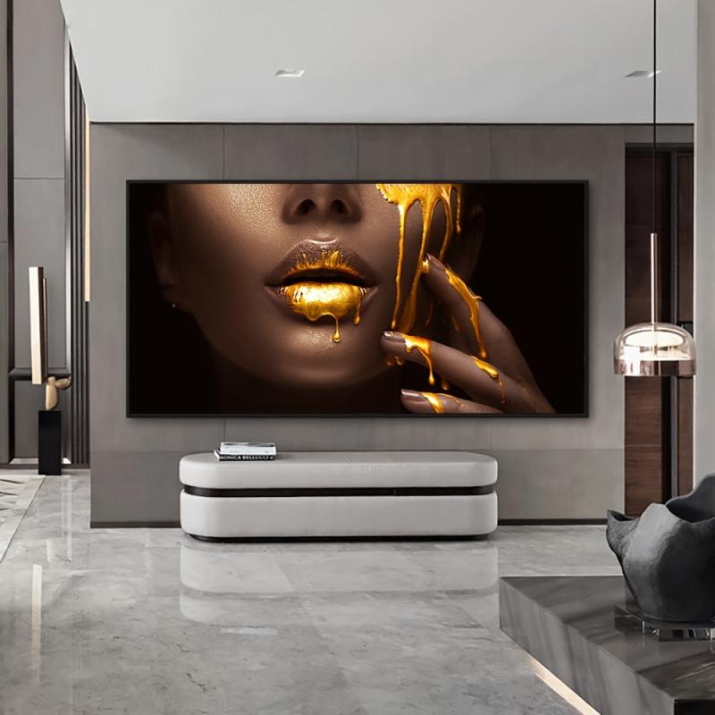 Frameless Women Face With Golden Liquid Canvas Paintings On Wall
