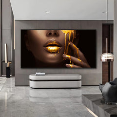 Frameless Women Face With Golden Liquid Canvas Paintings On Wall