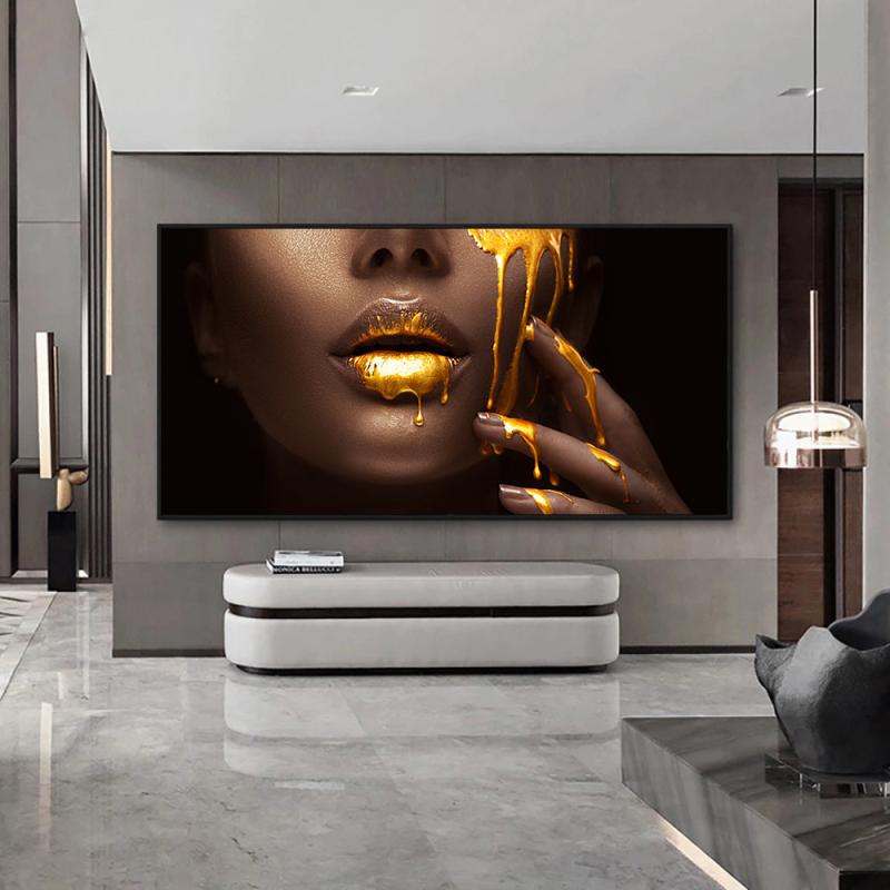 Frameless Women Face With Golden Liquid Canvas Paintings On Wall