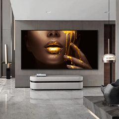 Frameless Women Face With Golden Liquid Canvas Paintings On Wall