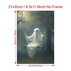 Halloween Canvas Poster Modern Art Ghost On The Swing Little Ghost Spooky Poster