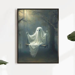 Halloween Canvas Poster Modern Art Ghost On The Swing Little Ghost Spooky Poster